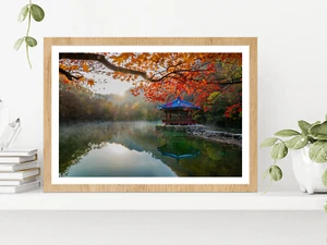 Autumn Leaves On Shore Of The Lake Glass Framed Wall Art, Ready to Hang - Picture 1 of 6