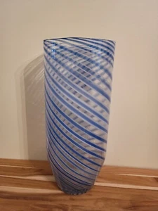 Hand Blown 13 3/4"x 5 3/4" Blue & White Spiral Glass Round Vase - Picture 1 of 4