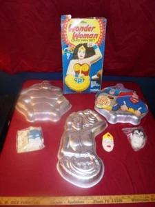 Wilton SUPERMAN Batman Wonder Woman cake pan metal baking set Justice League HTF - Picture 1 of 12