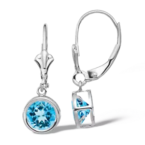 14K Solid White Gold 6mm Swiss Blue Topaz Dangle Earrings - Picture 1 of 4