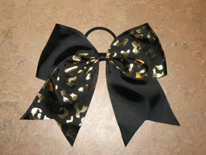 NEW "GOLD CHEETAH Black" Tick Tock Cheer Bow Pony Tail Ribbon Girls Cheerleading - Picture 1 of 1