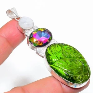 Carved Peridot & Mystic Topaz 925 Silver Plated Handmade Pendant of 2.8" - Picture 1 of 3