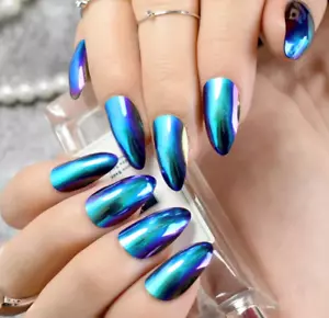 blue matte mirror effect Fake Nails 24pcs Acrylic Full Square False Nail - Picture 1 of 8