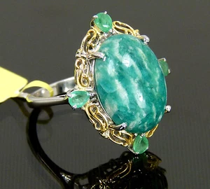 Vintage Stil Echt Amazonit & Smaragd Statement Ring 14k Gold Platin / 925 - Bild 1 von 5