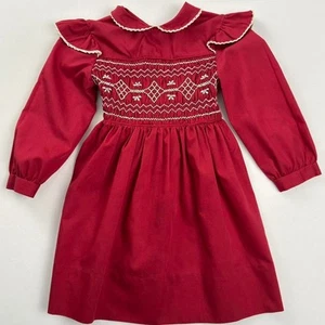 Polly Flinders Smocked Dress Ruffle Collar Long Sleeve Vintage Red Size 4 - Picture 1 of 4