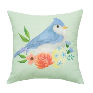 Green Floral Bird Woven Spring Easter Themed Accent Throw Pillow, 18" x 18" - Picture 1 of 4