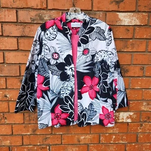 Foral Pink Navy Blue White 3/4" Sleeve Loop and Hook Closure Jacket Size 14 - Picture 1 of 7