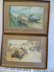 PAIR OF FRAMED 'GORDON CROSBY' VINTAGE MOTOR RACING PRINTS. GORDON CROSBY PRINTS - Picture 1 of 11