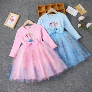 New Kinder Mädchen Cosplay Kleid Langarm Cartoon Prinzessin Anna Elsa Kleid DE - Bild 1 von 14