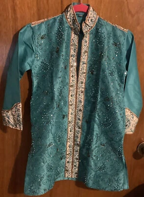 Punjabi de diseñador exclusivo para niños de Khan Saab ~ talla 28 ~ azul océano ~ cuentas/lentejuelas Foto 1 de 4
