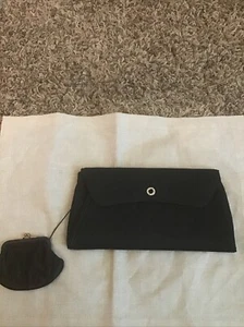 Vintage Black Clutch Purse With Rhinestone Button Closure & Attached Coin Purse - Picture 1 of 9