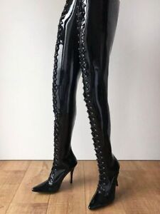 2022 Crotch hard shaft lace up boots lace up stiletto black pointed shoes