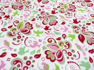 Stoff Baumwolle Jersey Tante Ema Blumen Vögel weiss rot grün rosa Kleiderstoff - Bild 1 von 5