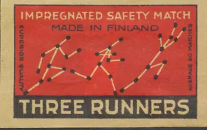 Altes Streichholzschachtel-Etikett - Drei Läufer-Sicherheitsstreichhölzer - Made in Finland - Bild 1 von 1