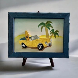 Vintage (1970s) Painted Wood Still-Life Surf Scene w/ Surfboard in Convertible - Picture 1 of 6