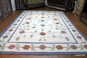 Handmade Beige Rug 10' X 14' WOOL CARPET. HAND WOVEN LIGHT BEIGE & BLUE Pm75 - Picture 1 of 12
