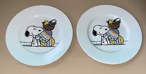 Peanuts Snoopy Woodstock Ceramic Salad Plates Easter Blue Tint Set of 2 New - Picture 1 of 5