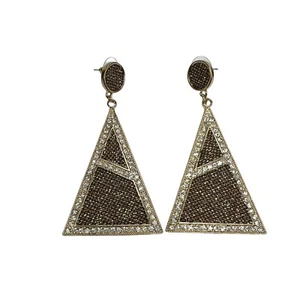 Gold Glitter & Black Mesh Rhinestone Triangle Pierced Dangle Earrings Art Deco - Picture 1 of 8