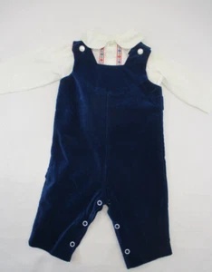 Completo vintage blu navy salopette velluto bianco con bottoni L/S camicia ragazza tg 3-6 mos - Foto 1 di 16