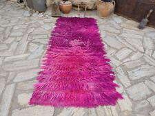 Turkish Vintage Mohair  shaggy rug, fuchsia color tulü carpet,Wall decor rug
