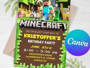 Minecraft Digital Invitation for Birthday Party Card Editable In Canva