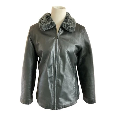 Abrigo de cuero negro forrado de piel de conejo sintético reversible talla L de Charles Klein para mujer Foto 1 de 4