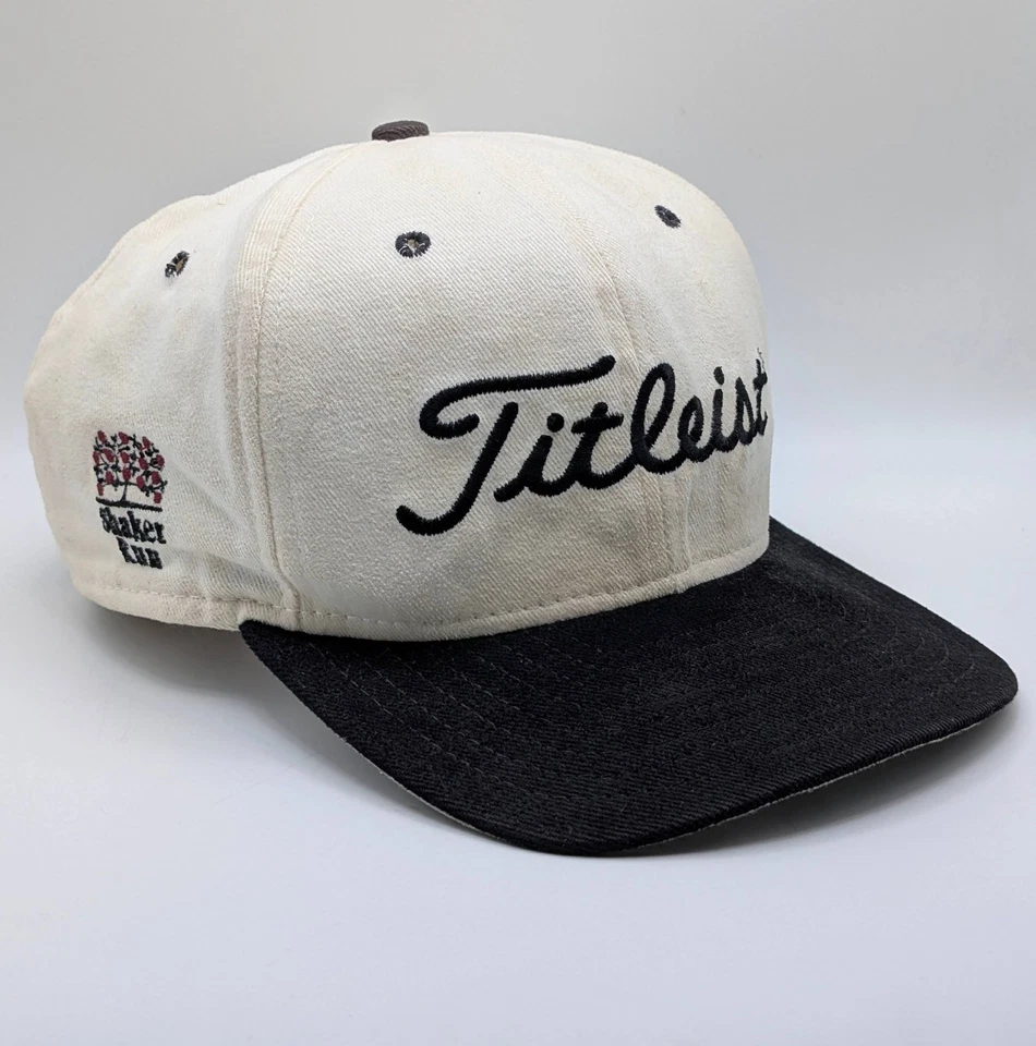 Vintage New Era Titleist Shaker Run Leather Strap Back Hat White Black VTG USA - Image 1 of 4