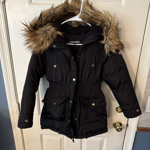STEVE MADDEN FUR HOODED BLACK PUFFER COAT GIRL'S JACKET SIZE MEDIUM 10/12 - Picture 1 of 17