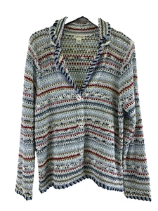 Orvis Woven Cardigan Sweater Blue Red Striped Button Collared Stretch Womens XL - Picture 1 of 11