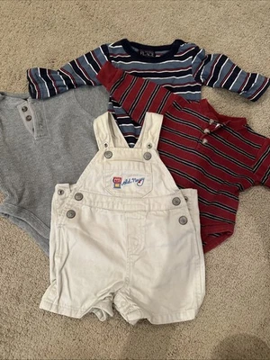 VTG OLD NAVY baby boy khaki overall shorts With 3 Long-sleeve Shirts Sz 3-6 - Image 1 of 4