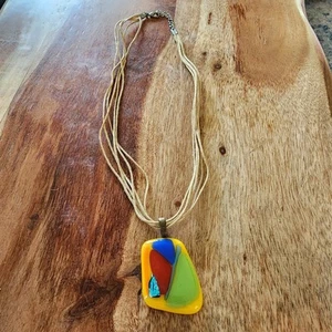 Women's Art Fused Glass Necklace Geometric Boho - Picture 1 of 6