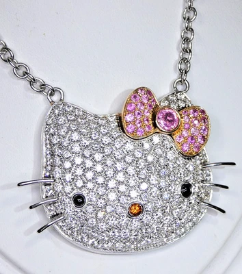 Collar Colgante Masivo Hello Kitty Oro Blanco 18k y Diamantes Naturales Foto 1 de 4