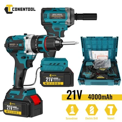 CONENTOOL 21v Cordless Impact Wrench and Drill Driver Set with 2x4000mAh Battery & Charger