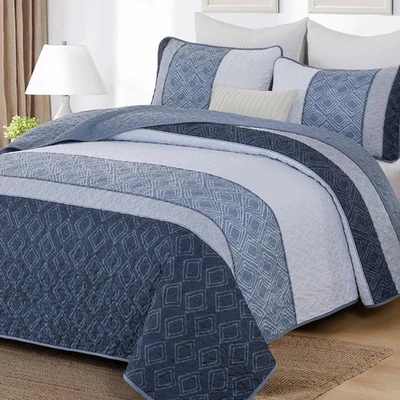 Quilt Set Queen Size 3 Pieces,Striped Plaid Bedspread Coverlet Set,Mineral Blue - Image 1 of 4