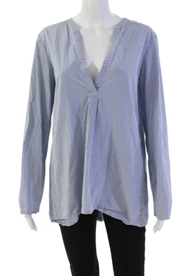 Blusa pulóver azul manga larga cuello en V a rayas de algodón Theory para mujer talla M Foto 1 de 4