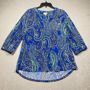 Roz & Ali Top Women's Plus 1X Blue Paisley Whimsical 3/4 Sleeve Stretch V Neck - Picture 1 of 12