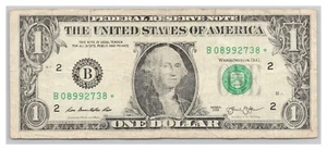 DUPLICATE Washington D.C. Dollar Bill Star Note Ser. No. B08992738* Series 2013 - Picture 1 of 5