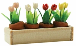 Casa delle bambole in miniatura fioriera in legno con vasi fiori tulipani scala 1:12 nuova  - Foto 1 di 1