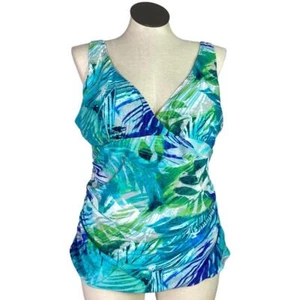Simply Swim Tankini Swim Top Women 24W Blue White Tropical Leaf Print Padded NEW - Picture 1 of 12