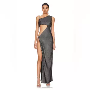 Neu mit Etikett Camila Coelho Jolene Kleid Maxikleid schwarz silber Cut-Out Revolve S - Bild 1 von 16