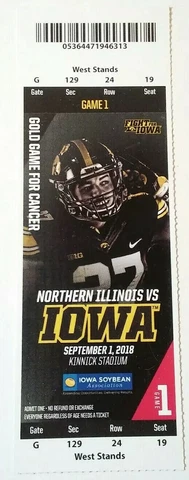 2018 Iowa Hawkeyes Northern Illinois Football Full Ticket Stub Cover