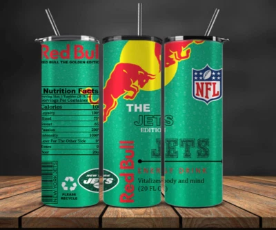 20 oz New York Jets Stainless Steel Tumbler With Metal Straw- Red Bull Parody - Image 1 of 3