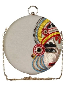 Handgefertigte seltene Kathak bestickte runde Clutch Batwa Handtasche aus Kunstseide - Bild 1 von 4