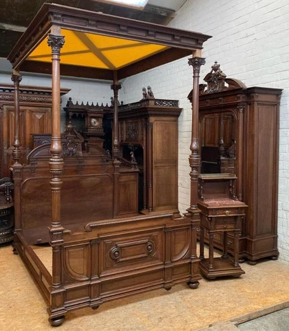 Renaissance Revival French Antique Bedroom Suite Armoire, Canopy Bed, Nightstand Cover