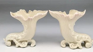 Pair Decorative Mantel Vases Belleek Cornucopia Cream w/ Pink - Picture 1 of 6