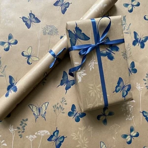 Wrapping Paper KRAFT Recyclable Eco *BLUE BUTTERFLIES* 2,5,10 mtrs & opt. ribbon - Picture 1 of 10