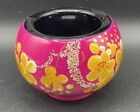 Vintage Wooden Lacquered Handpainted Floral Candle Holder-Pink  Yellow Black