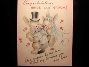 VINTAGE "BUNNY WISHES BY THE TON!!" WEDDING GREETING CARD