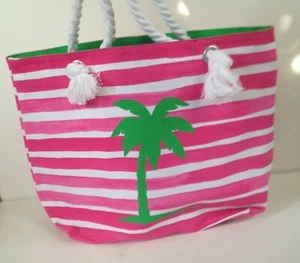 NEW! Barnes & Noble Palm Tree Tote Bag Canvas Pink & White Stripes Rope Handles - Picture 1 of 11