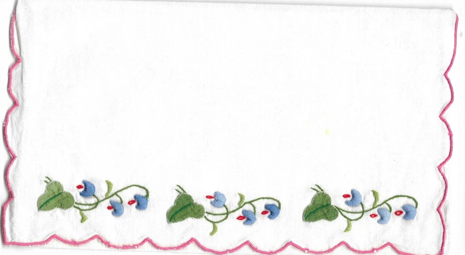  Porte Serviette de table années 1960  brodé fait main coton FLEURS et FEUILLES - Photo 1/2